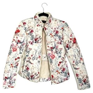 Zara Woman Quilted White Jacket Red Wildflowers Zipper Stand Collar Pockets